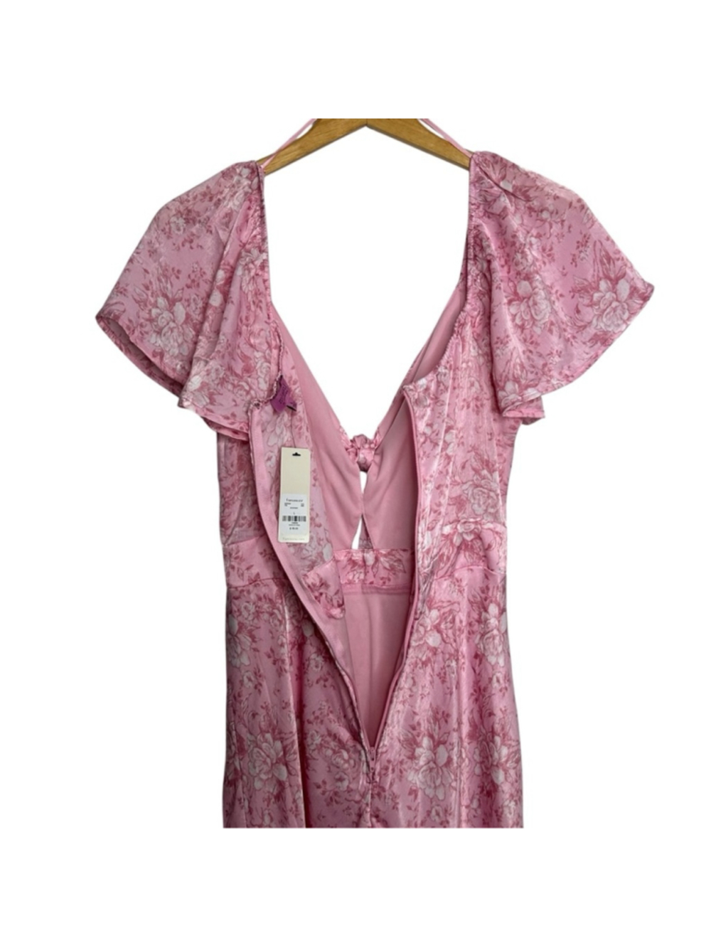 FRANCESCA'S Maria Pink Bow Tie Front Silky Floral Midi Dress Size Large - Picture 12 of 14